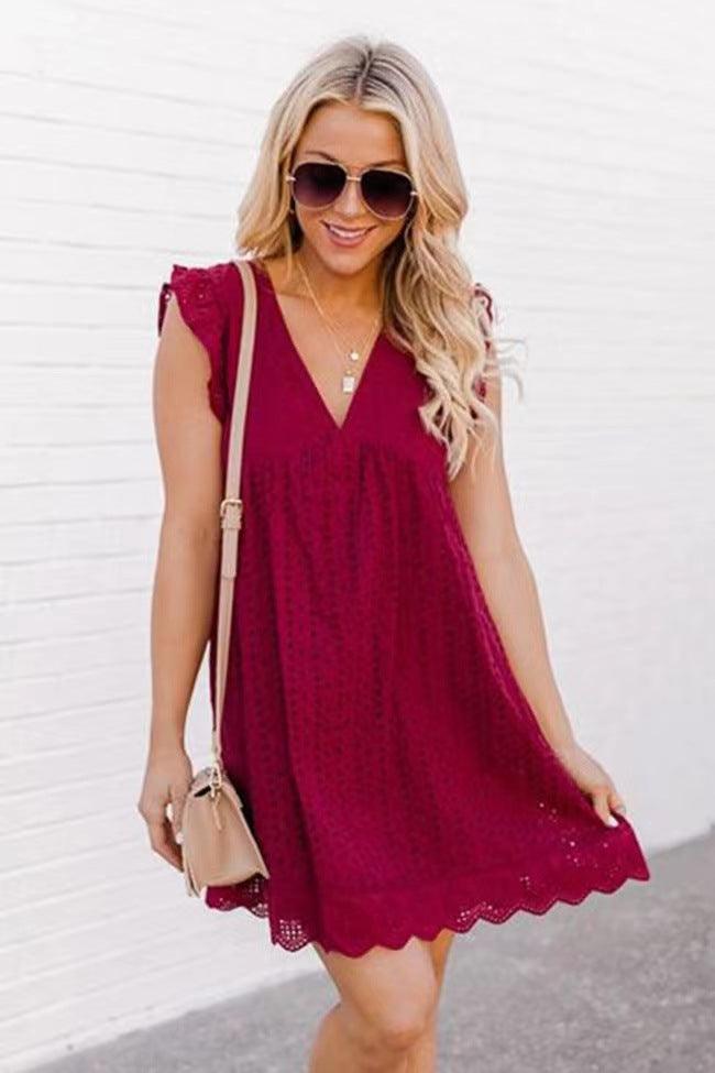 Women's Country Lace Jacquard Hollow V-Neck Dress