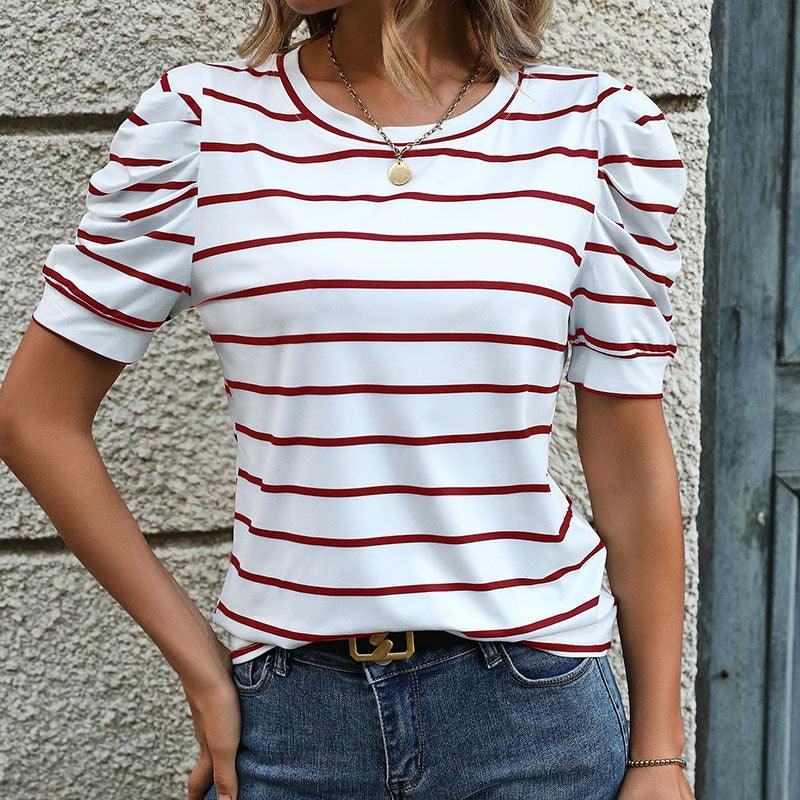 Puff Sleeve Stripes Tee - Stylish Casual Striped Shirt for Women