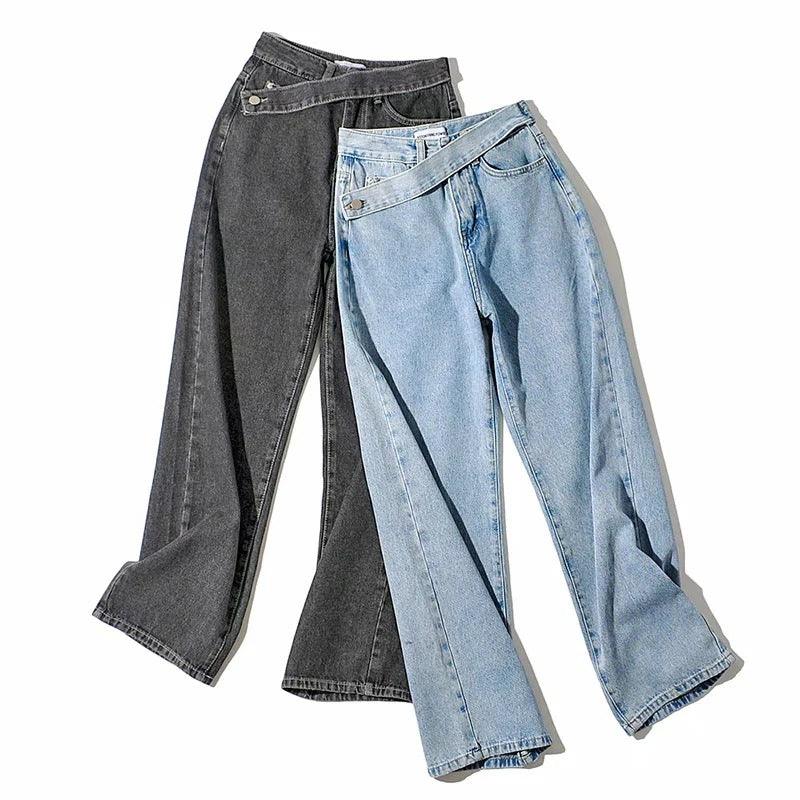 Retro Oblique Belted High Waist Straight Wide Leg Jeans for Cowgirls