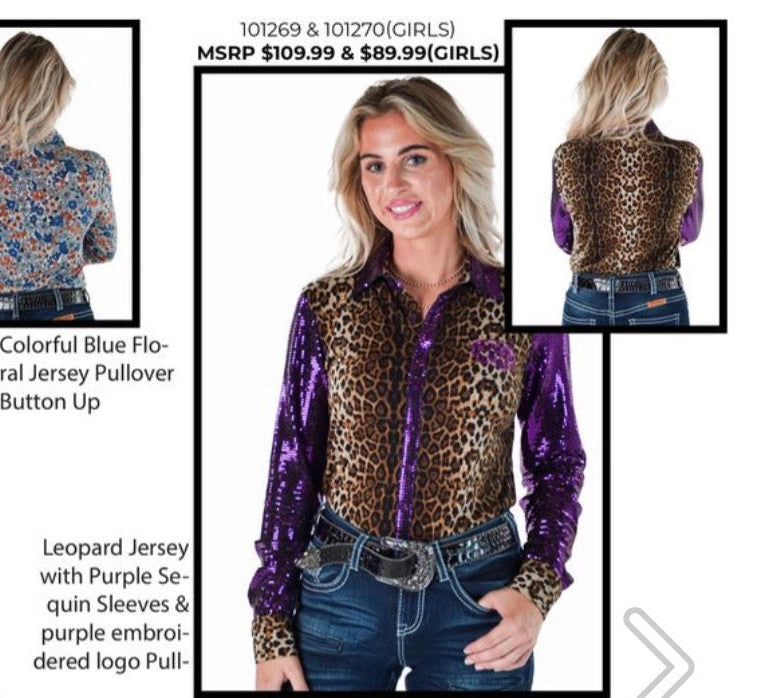 GIRLS Cowgirl Tuff Leopard Jersey with Purple Sequin Sleeves with Purple Embroidered Logo pull-over and button up Pullover Button Lightweight & Medium Stretch