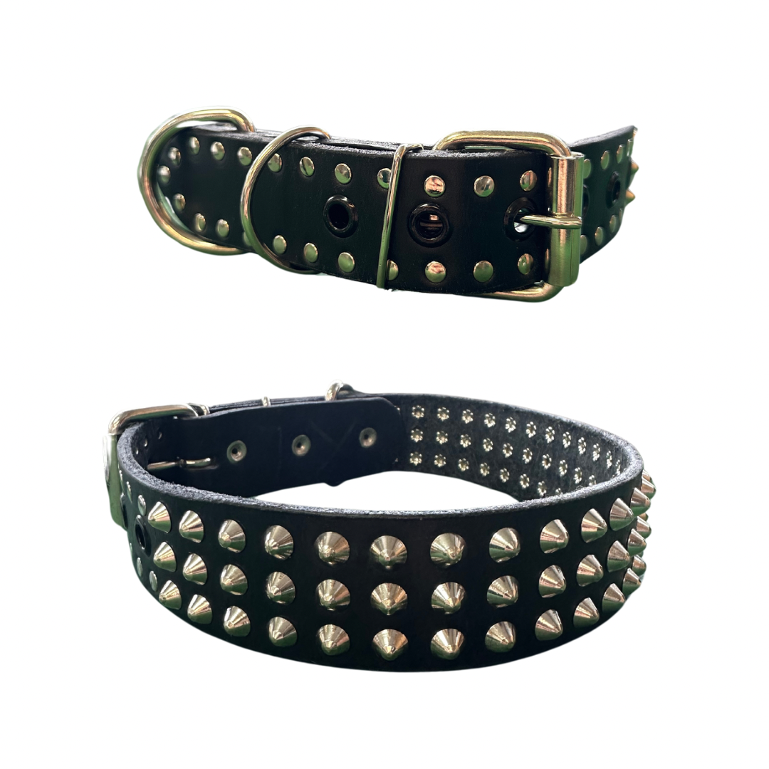 Dog collar with spikes - brown/leather - collar de perro - piel - SMALL