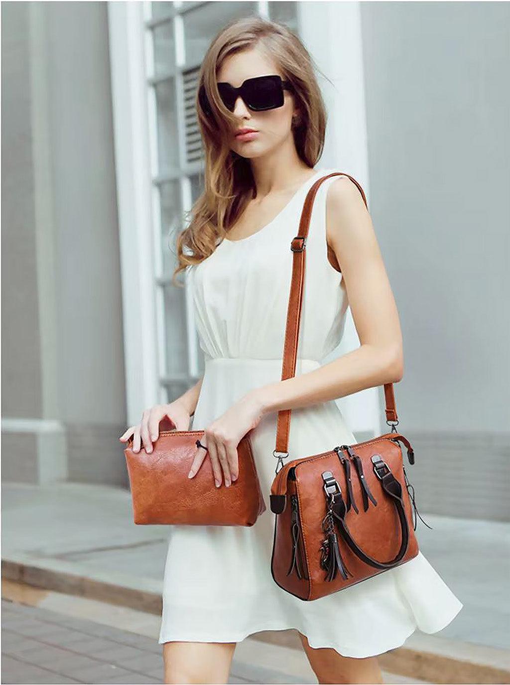 Vintage Leather 4-Piece Messenger Bag Set | Luxury Leather Tote, Clutch & Wallet Set