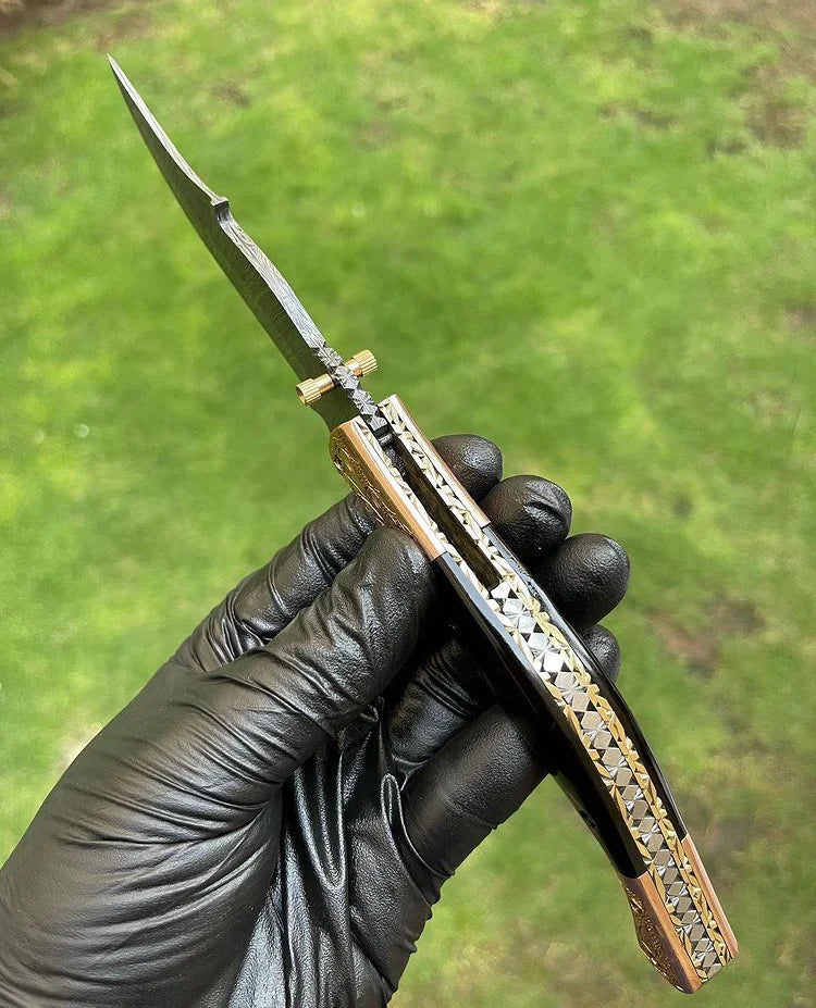 Custom Handmade Damascus Blade EDC Folding Pocket Knife with Color Bone Handle & Brass Engraved Bolster - Includes Leather Sheath