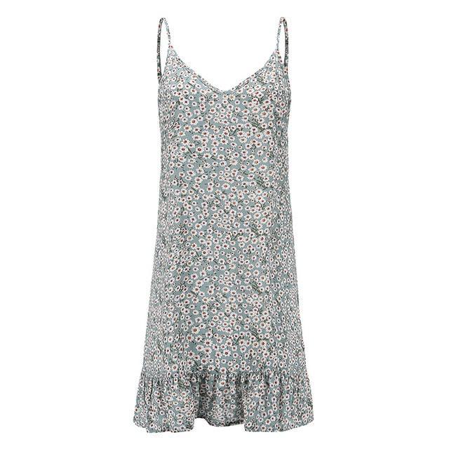 Floral Print Summer Dress Spaghetti Strap Mini Dress Ruffled