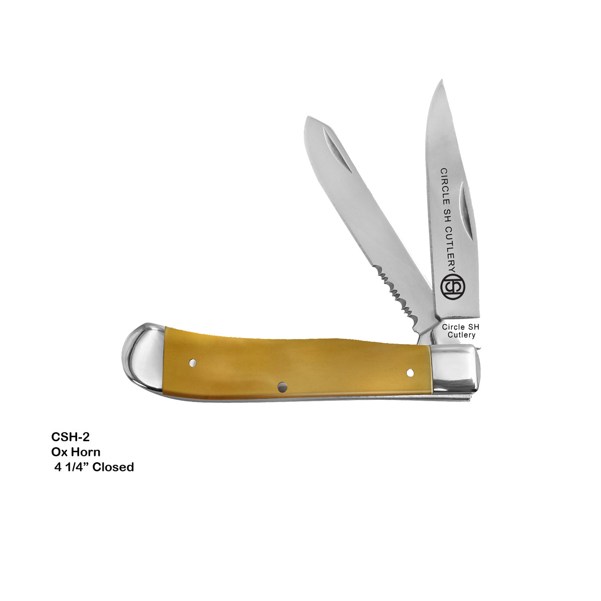 CIRCLE SH KNIFE FOLDER 4 1/4" CLOSED OX HORN SERRATED