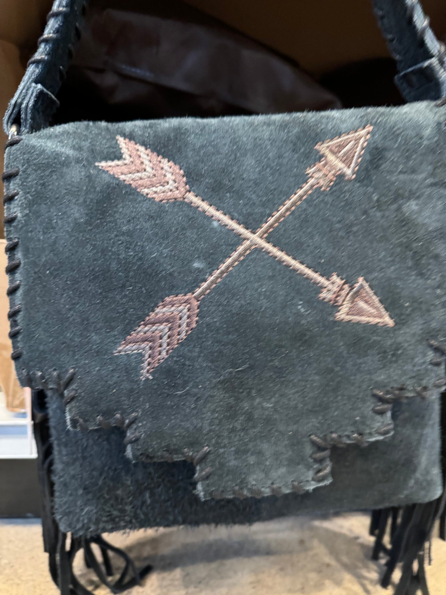 Suede Leather Fringe Arrow Crossbody Purse