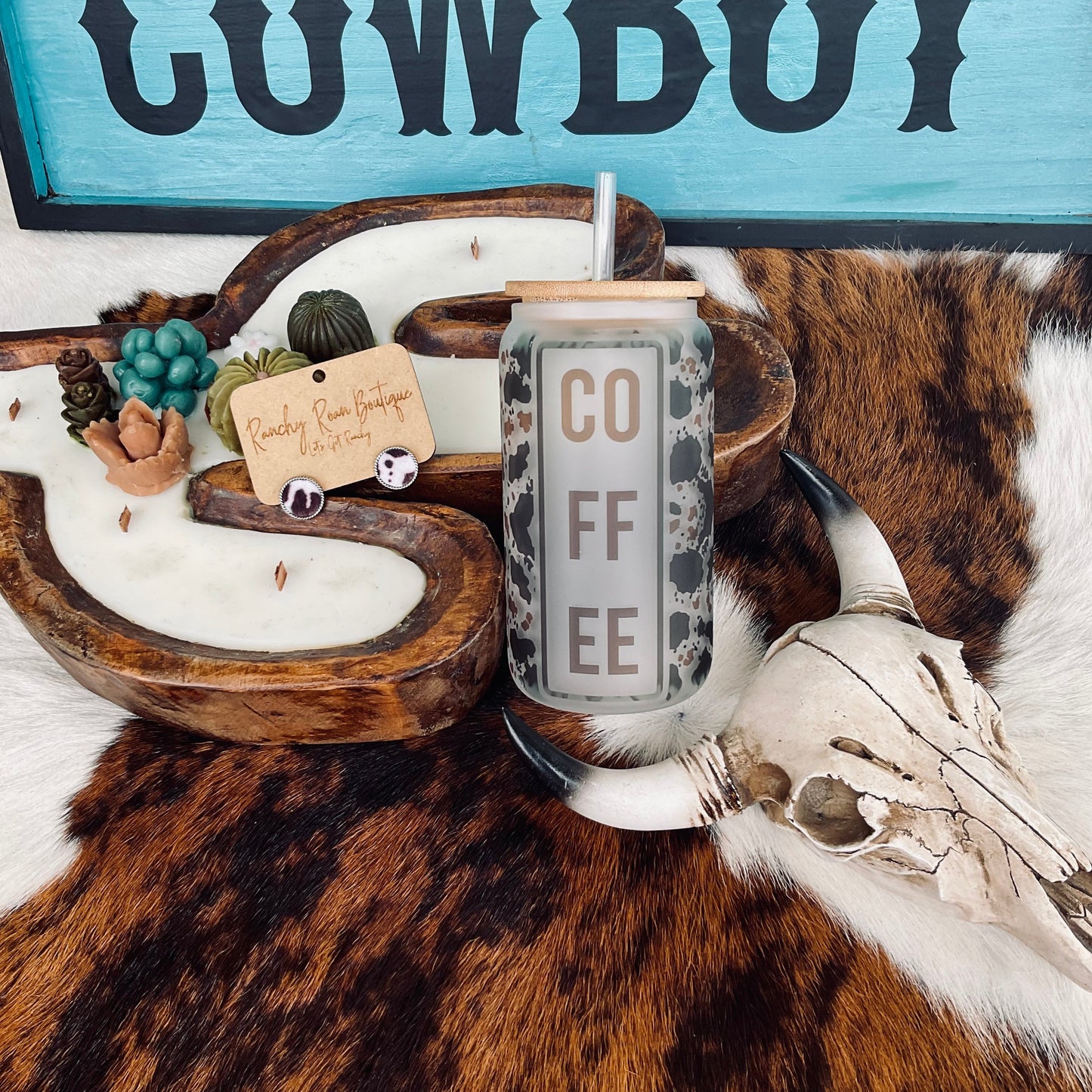 Coffee Cowhide Frosted Glass 16 oz Western Tumbler