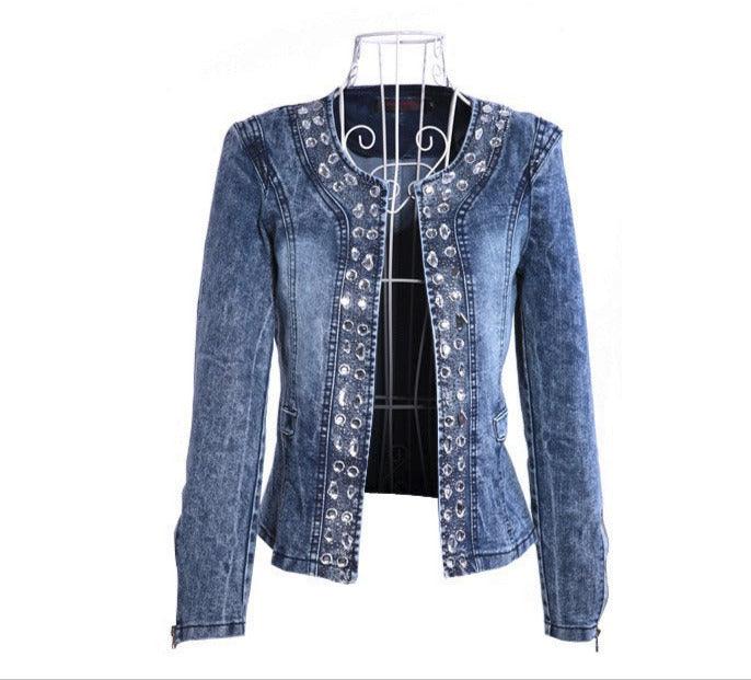 Chic Denim Retro Short Jacket with Rhinestone & Sequin Embellishment