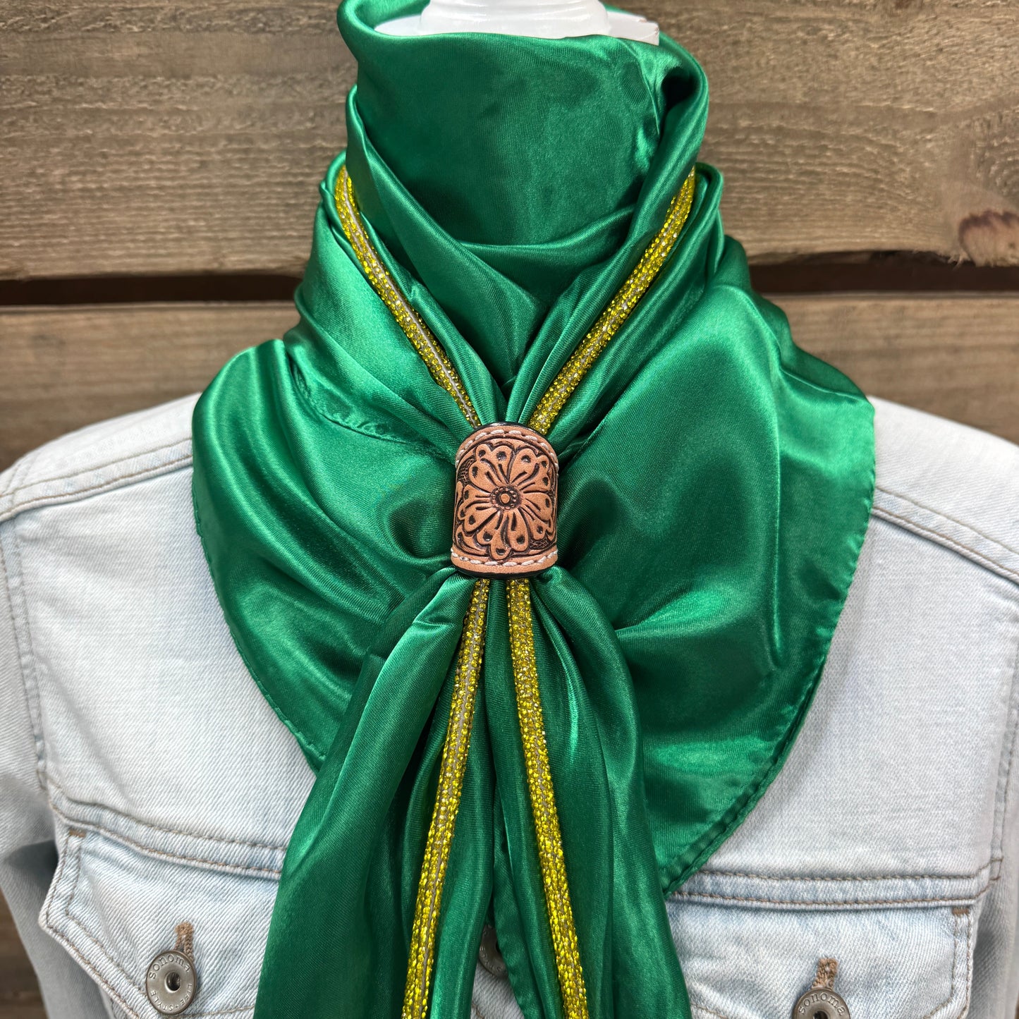 35X35" Solid Green Wild Rag / Scarf - Leather Slide and Bolo Tie