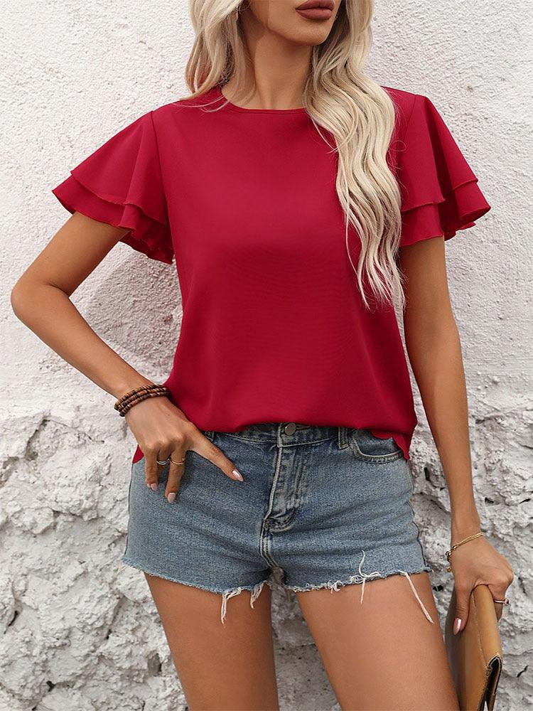 Lotus Blossom Ruffle Top - Stylish Red Double-layer Lotus Leaf Sleeve Blouse