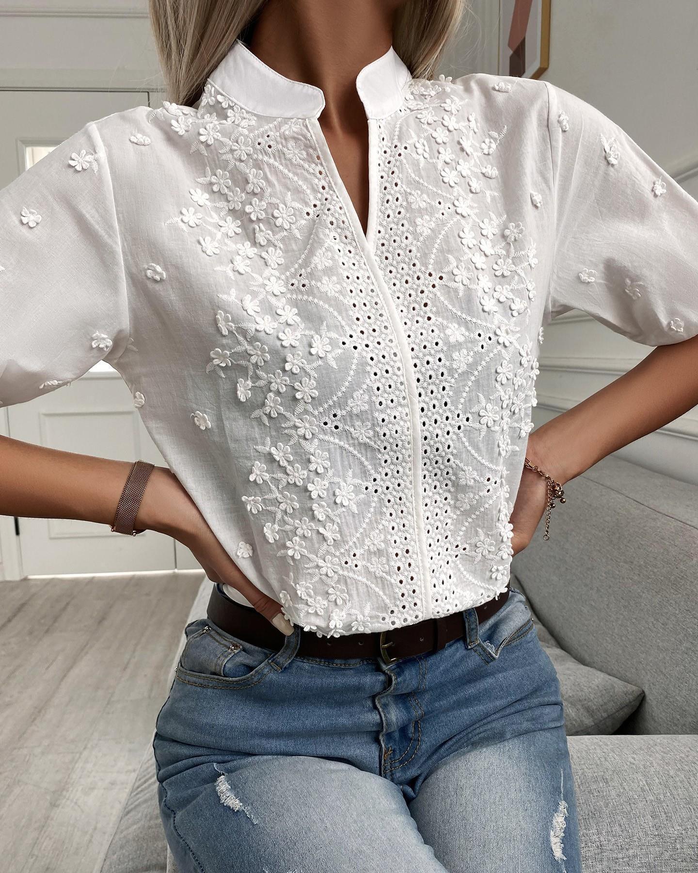 French Lace Embroidered Top - Stylish Stand Up Collar Top for Trendy Women