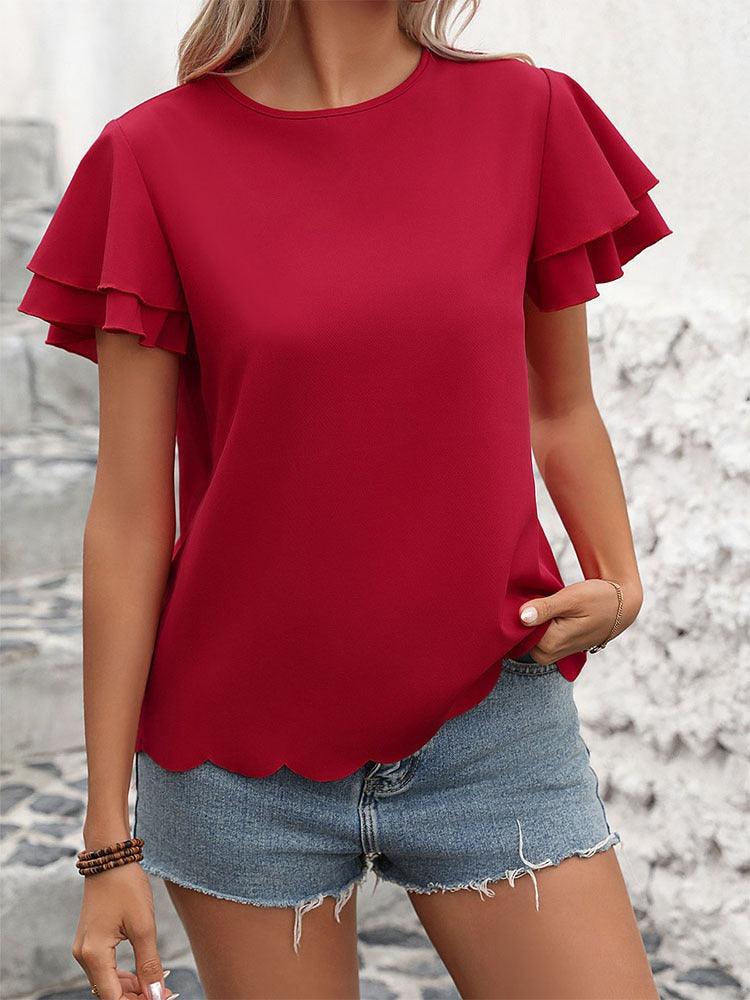 Lotus Blossom Ruffle Top - Stylish Red Double-layer Lotus Leaf Sleeve Blouse