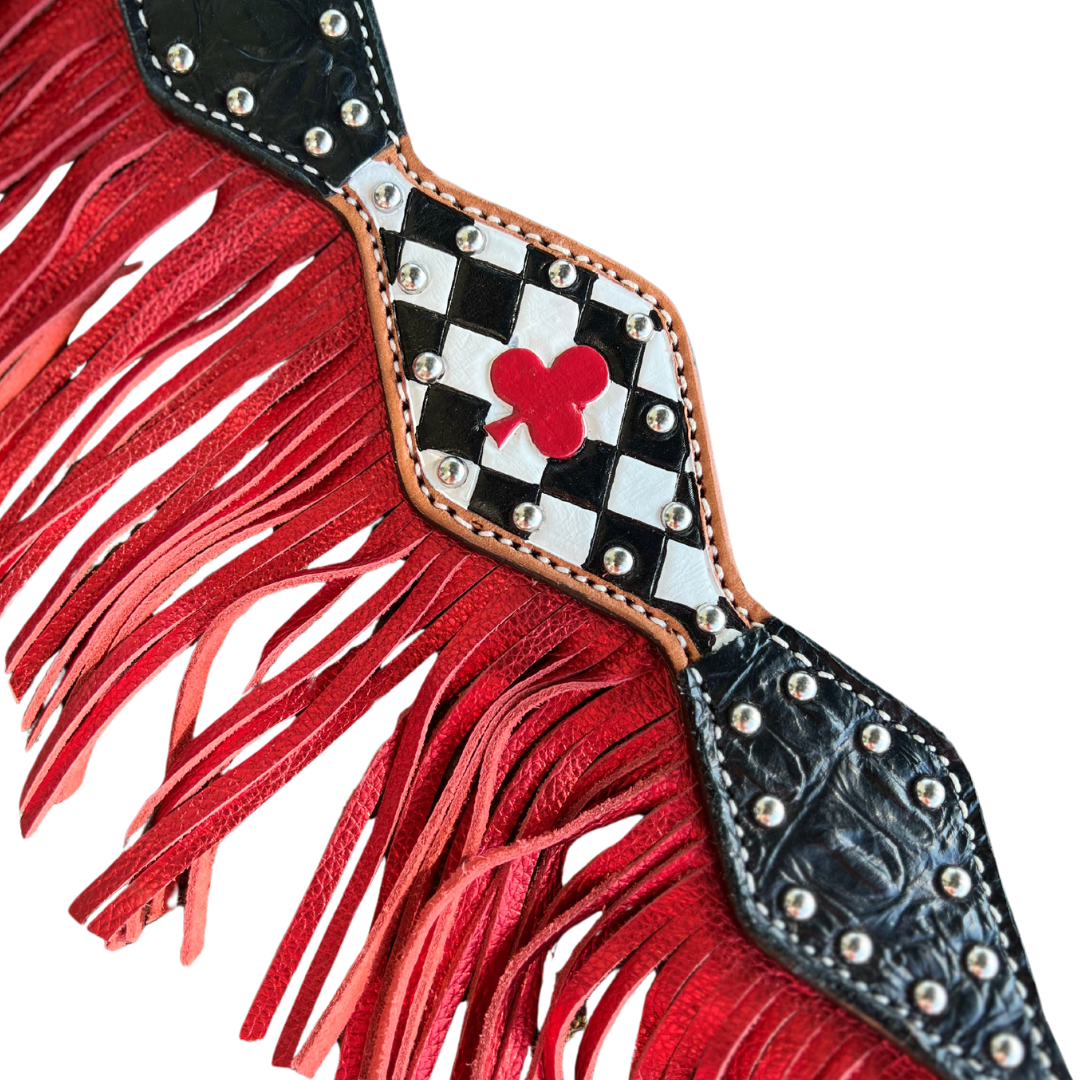3F46- 2024 Vegas CLUB 2-1/2" Diamond breast collar w/ black gator, tooled ace with checkers, with SS spots, red metallic fringe