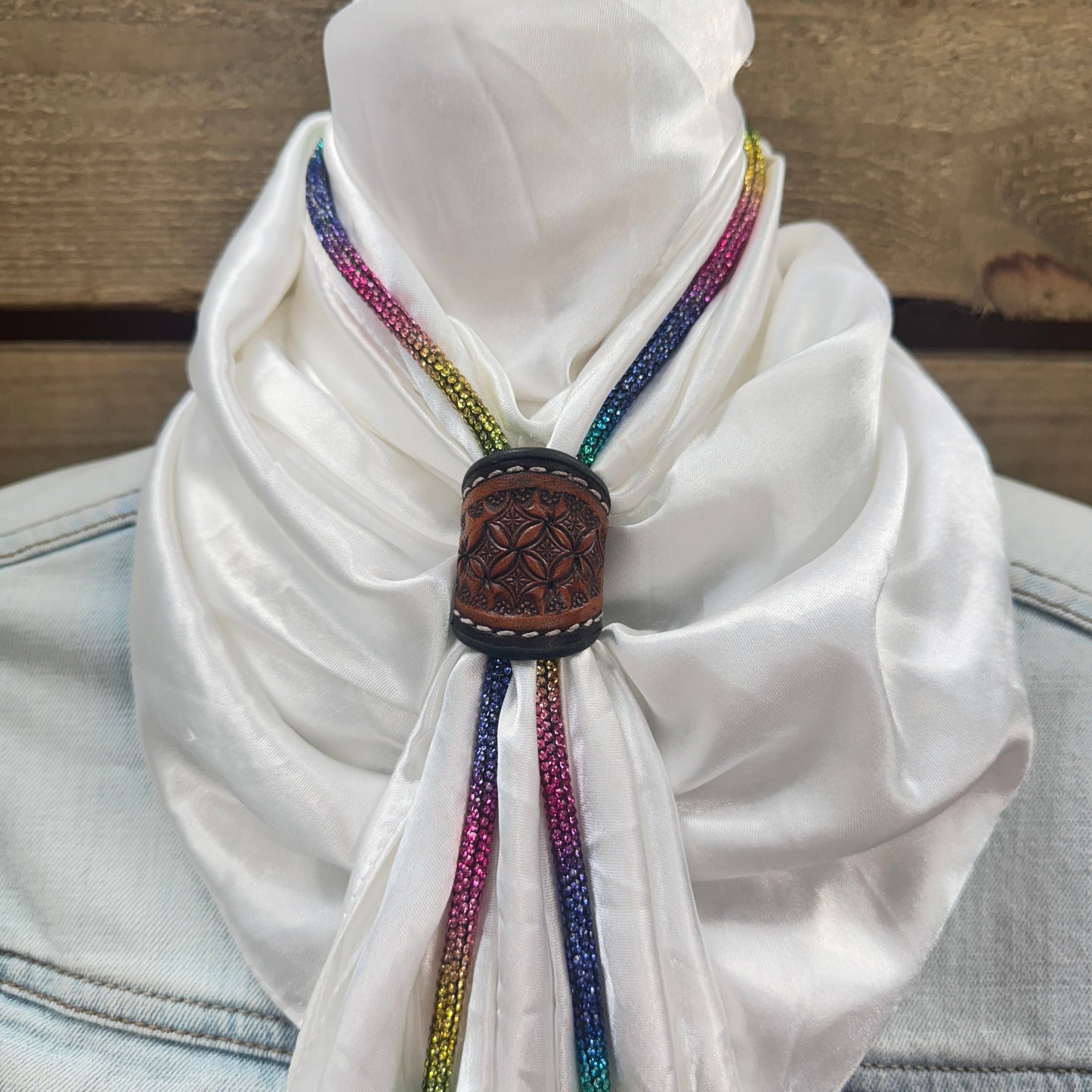 35X35" Solid White Wild Rag / Scarf - Leather Slide and Bolo Tie