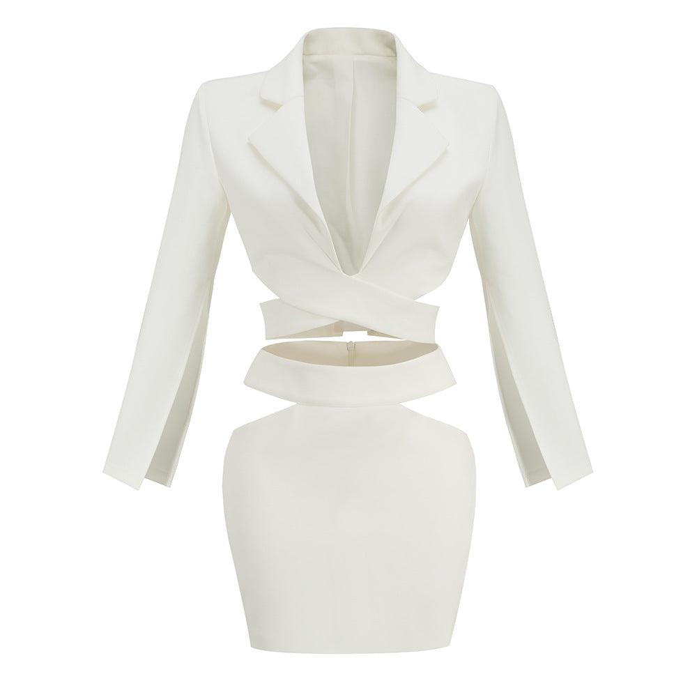 Chic White V-Neck Suit Set