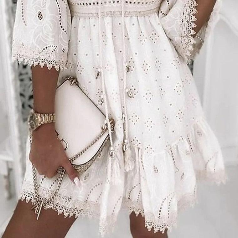 Lace Embroidered Romance Dress - Sweet and Fresh Floral Cotton Dress for Women
