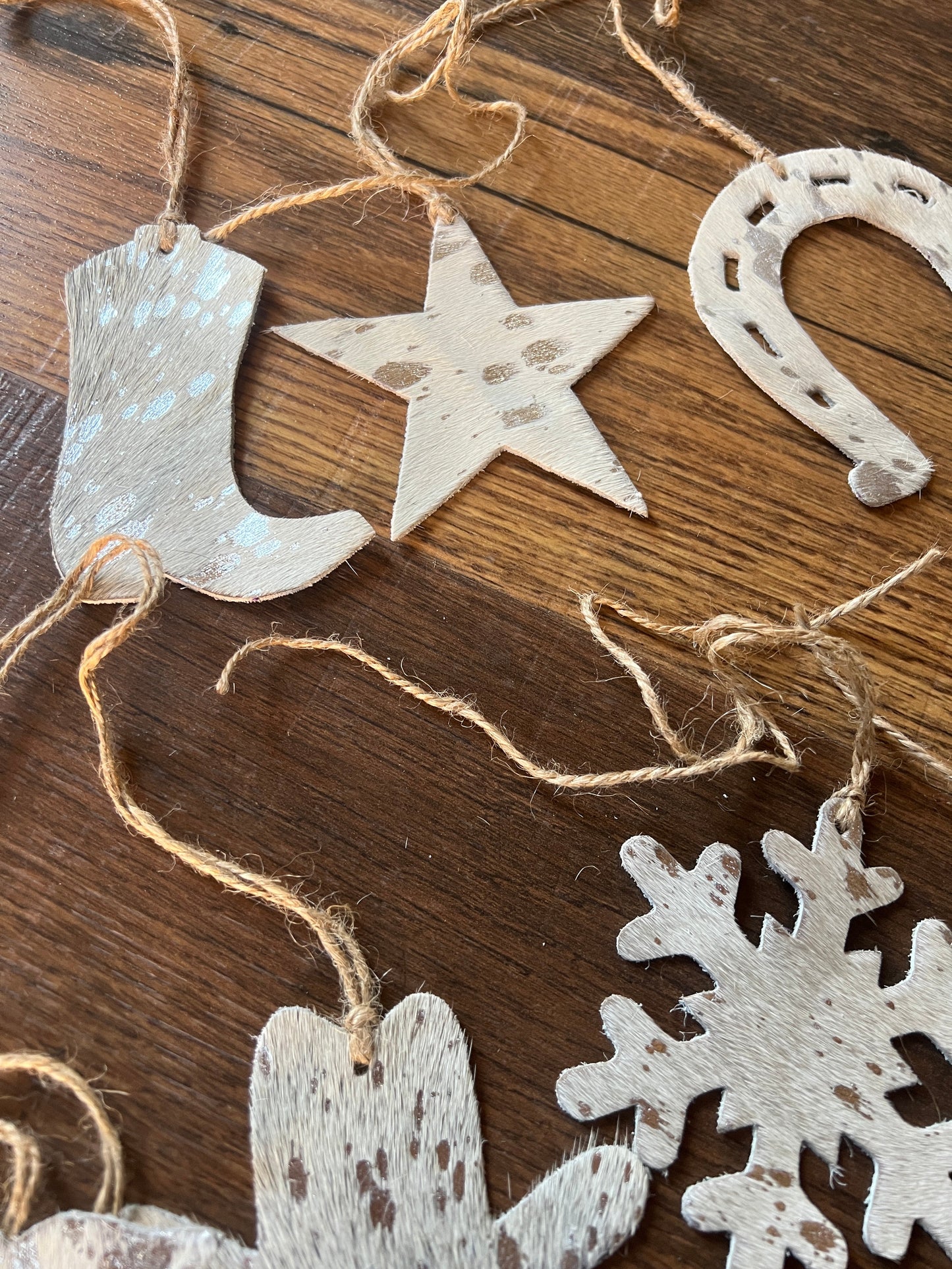 Silver/BROWN ACID WASH Leather Cowhide Christmas Ornament