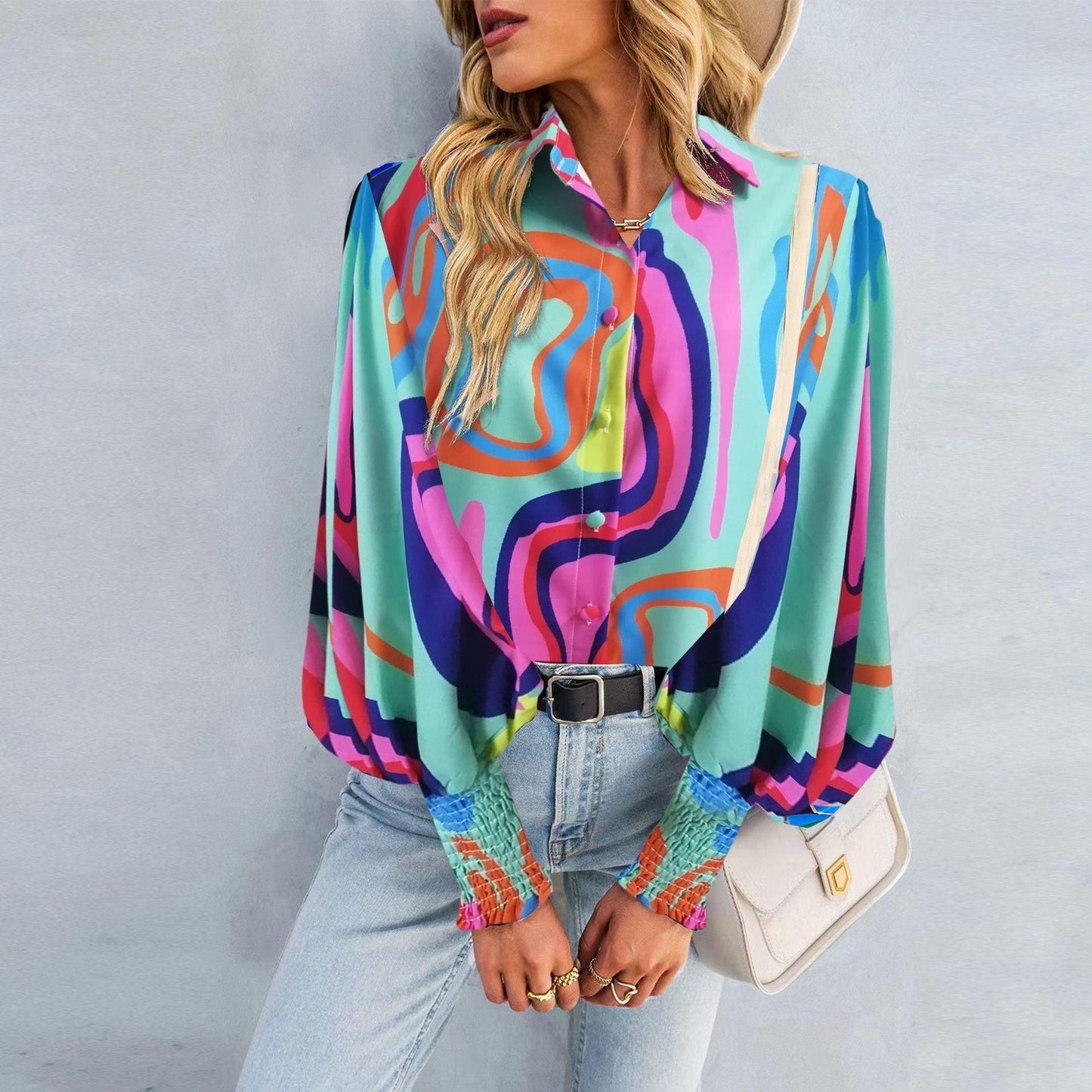 Boho Printed Lantern Sleeve Top – Relaxed Fit Casual Shirt for Country Girls