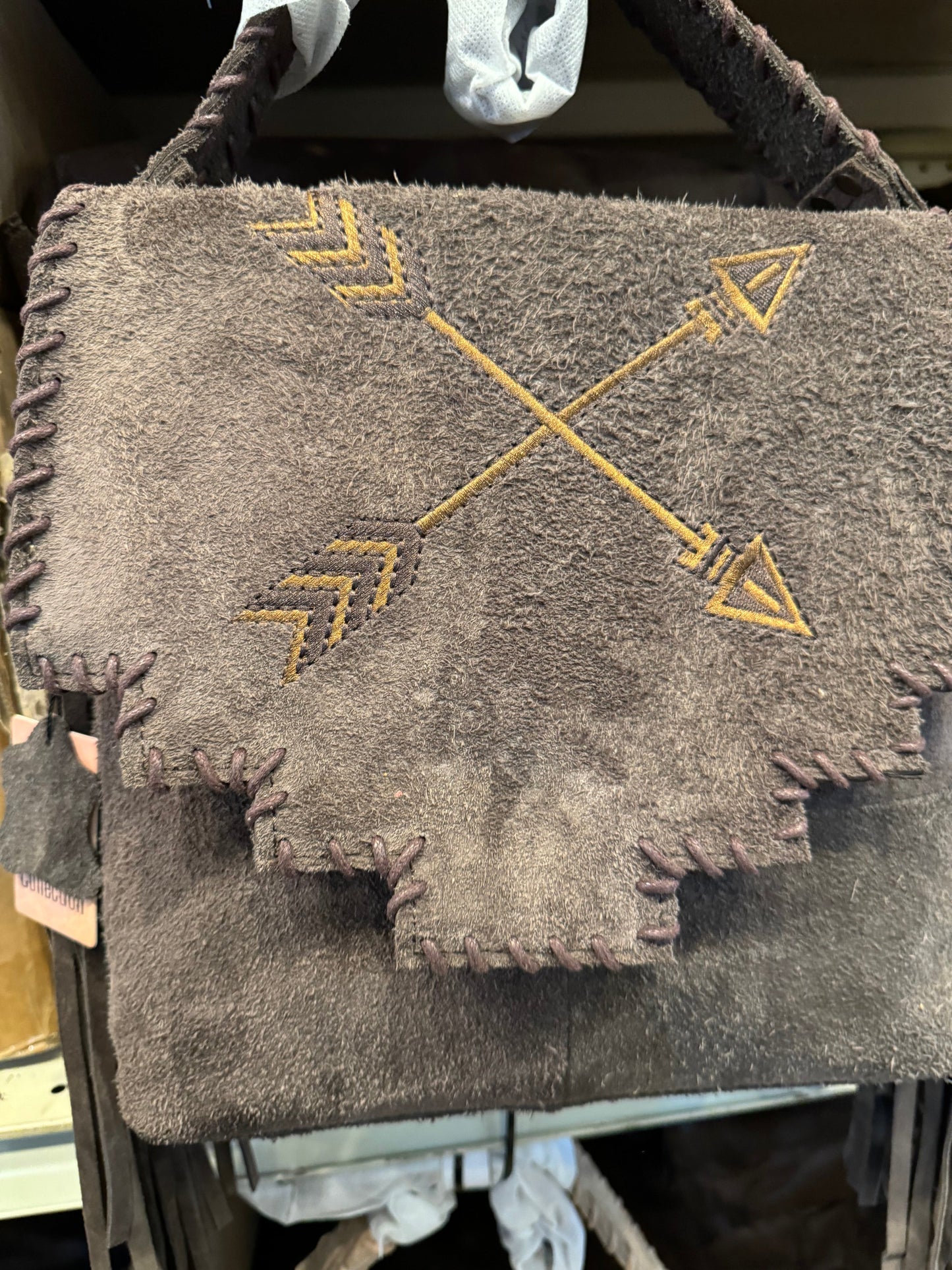 Suede Leather Fringe Arrow Crossbody Purse