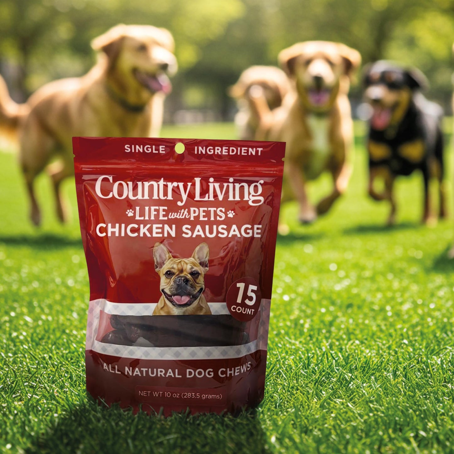 Country Living 4”-5” Beef Flavored Chicken Sausage Dog Treats – 15 Count Bag – Soft & Chewy, High-Protein Training & Reward Treats – Grain-Free, No Artificial Flavors or Preservatives