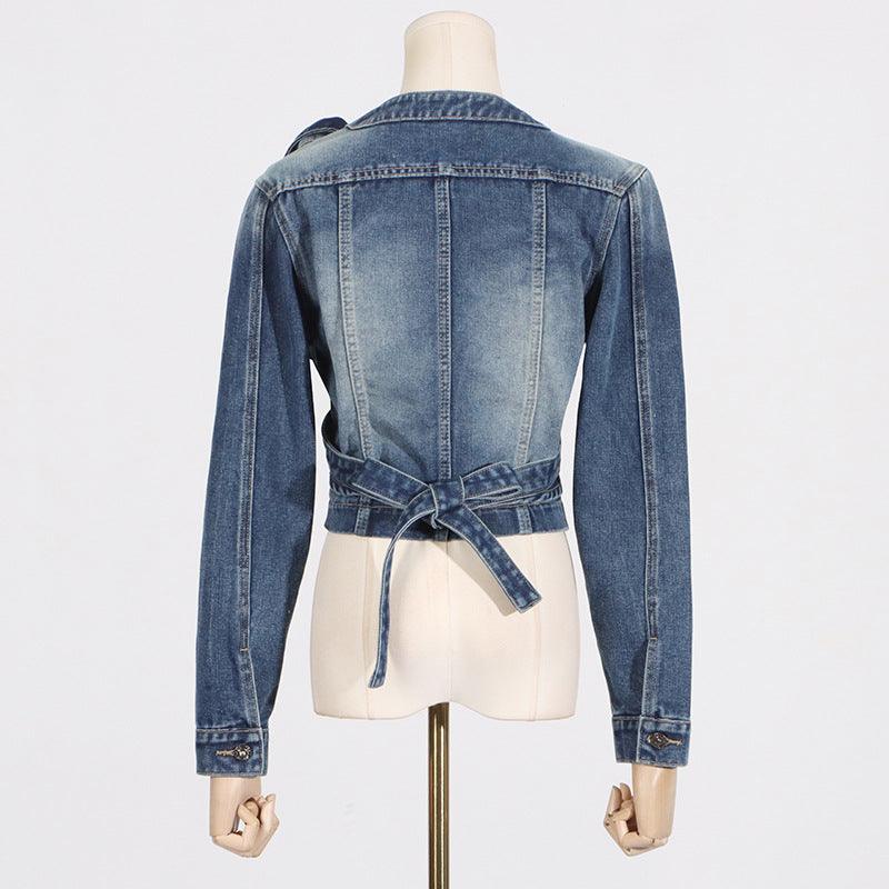Women’s V-neck Cross Asymmetrical Lace-Up High-End Short Denim Jacket
