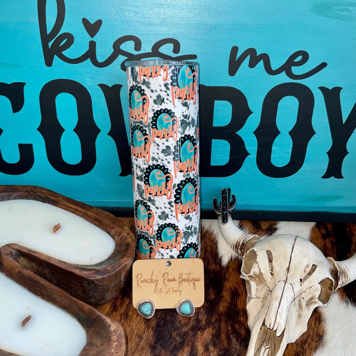 Punchy Turquoise Cowhide Western 20oz Skinny Tumbler