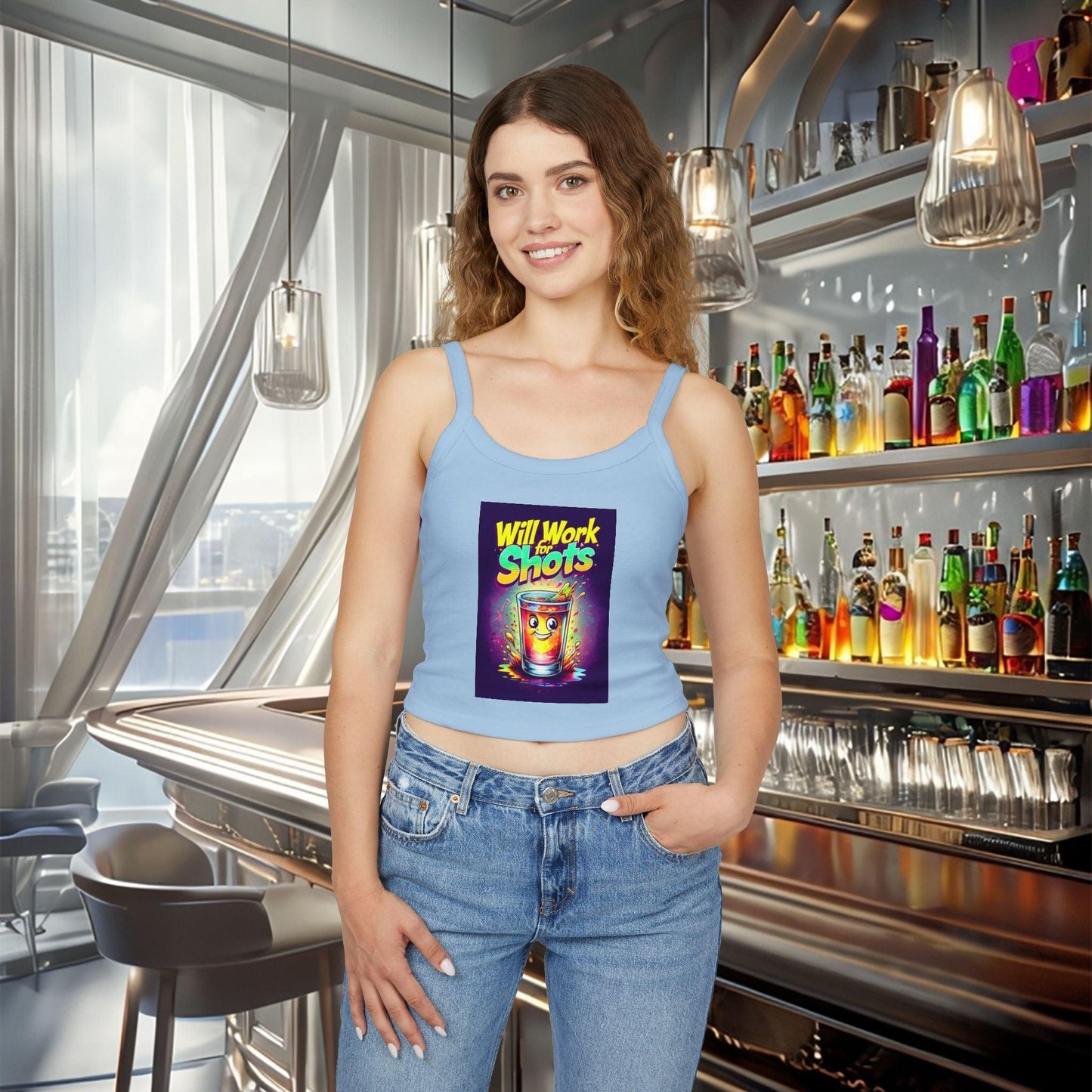Will Work for Shots Womens Spaghetti Strap Tank Top