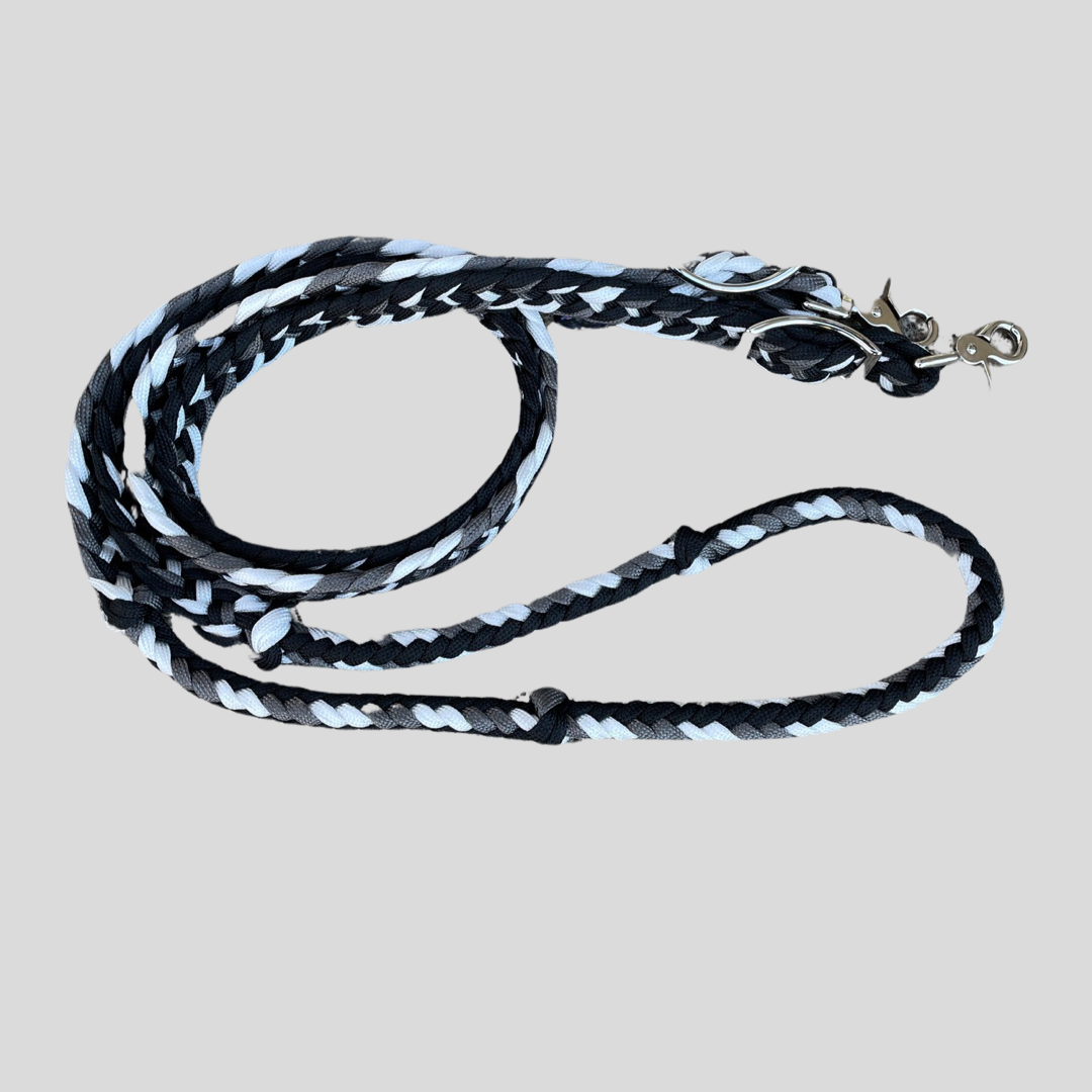 Braided Barrel / Roping Reins 8 ft, 2 Nickel Plated Scissor Snaps, Multi Tone Colors