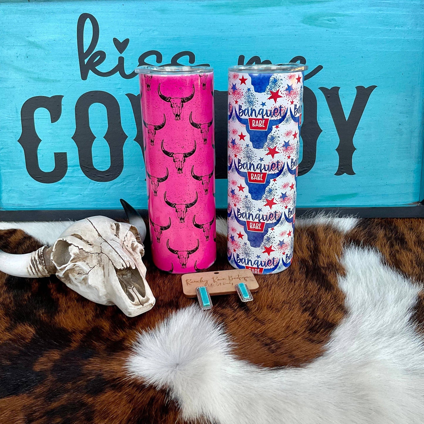 Neon Pink Black Bull Skull 20oz Shimmer Skinny Tumbler