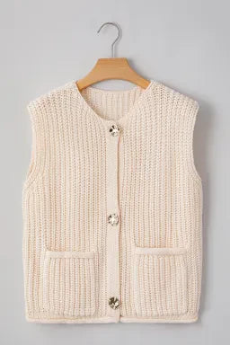 White Knit Side Pockets Sweater Vest