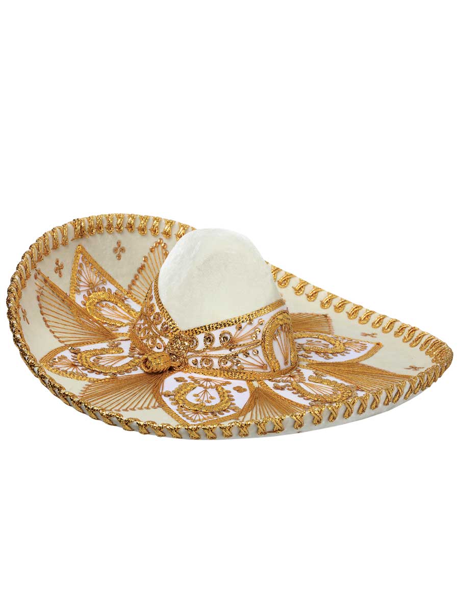Mexican Charro Hat Velvet in Ivory/Gold