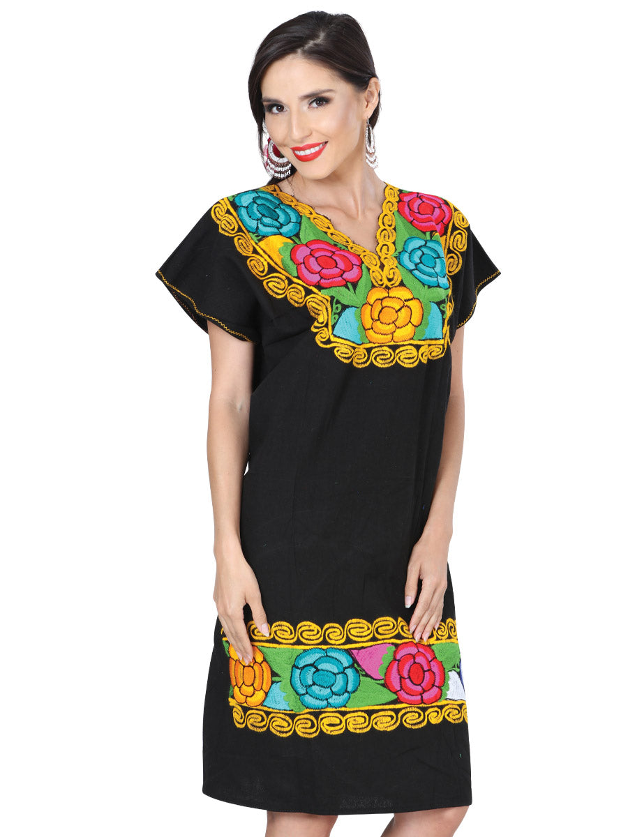 Mexican Artisanal Embroidered Dress 100% Cotton Black 601290