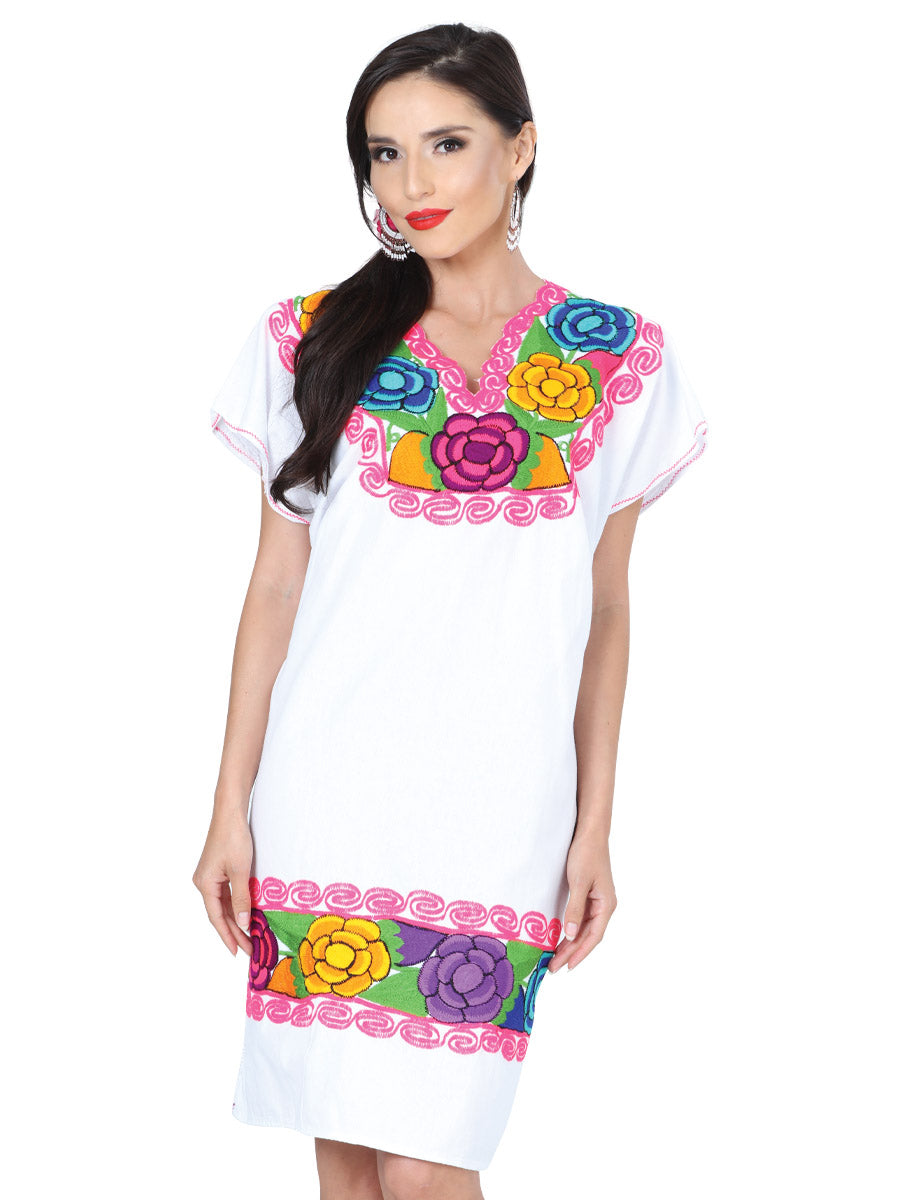 Mexican Artisanal Embroidered Dress 100% Cotton in White
