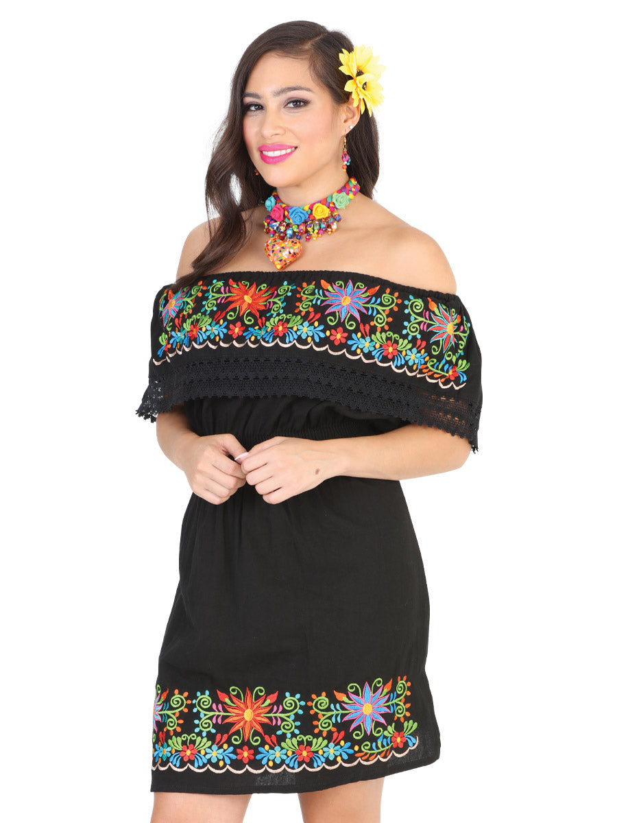 Artisanal Embroidered Dress 100% Cotton in Black