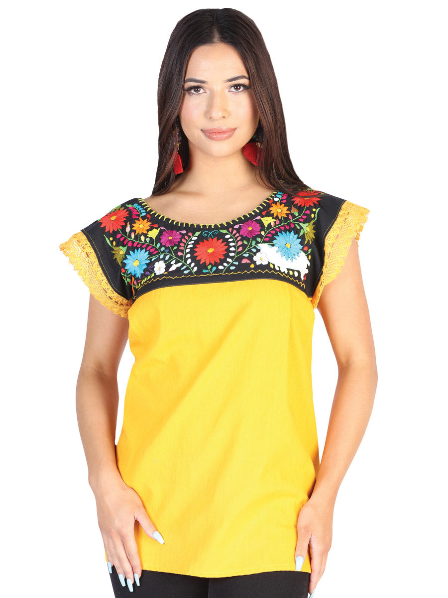 Artisanal Embroidered Blouse 50% Cotton 50% Polyester Yellow 602479