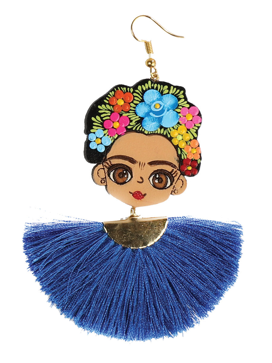 Artisanal Hand Painted Earrings Wood-Silk Thread Royal Blue 602988