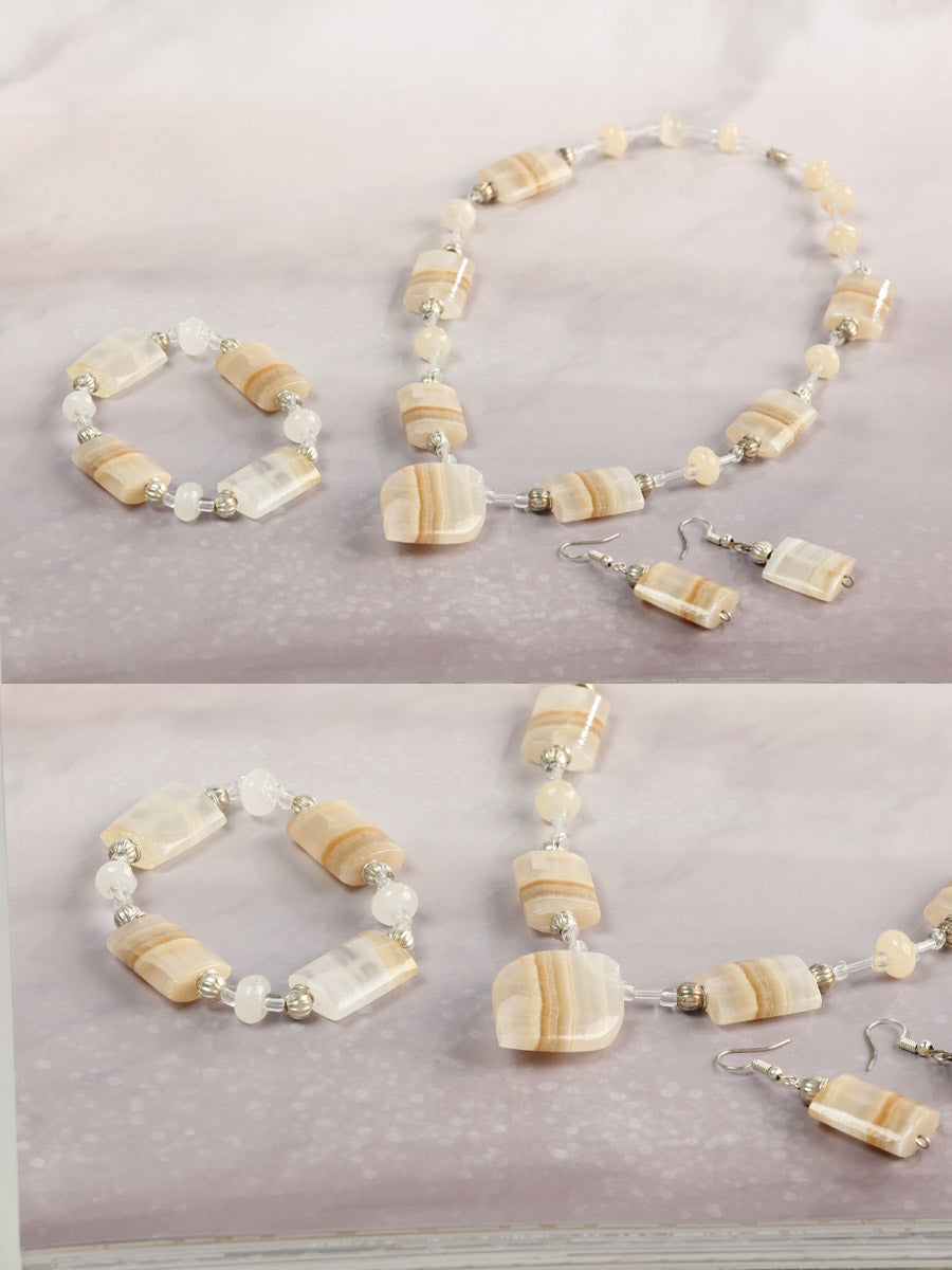 Necklace, Earrings and Bracelet Set.Onyx Stone Natural/Caramel 603144