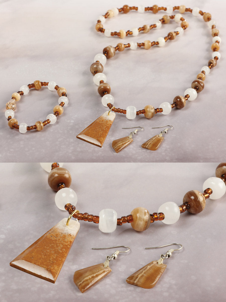 Necklace, Earrings and Bracelet Set.Onyx Stone Brown/Caramel 603145