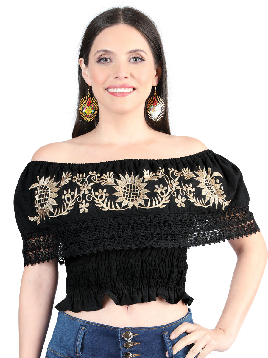 Artisanal Embroidered Blouse 100% Cotton Black 603969