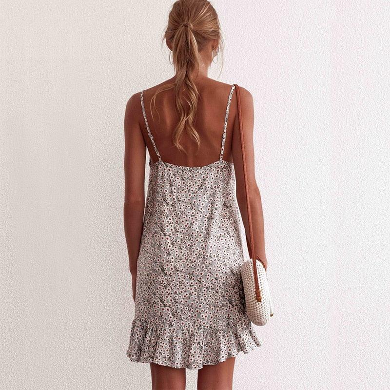 Floral Print Summer Dress Spaghetti Strap Mini Dress Ruffled