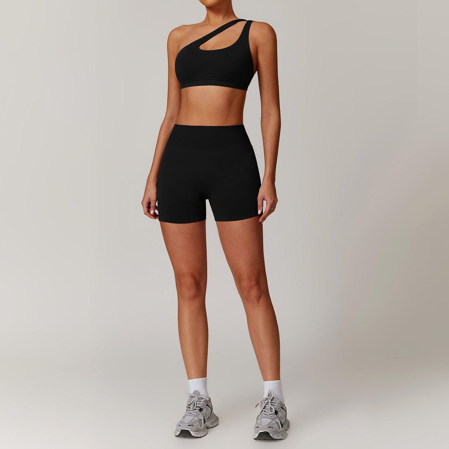 Slant Shoulder Bra + High-Waisted Shorts Yoga Set | Country Girl Fitness Outfit