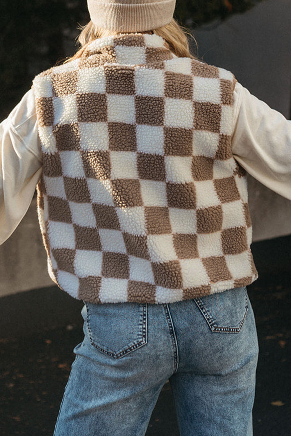 Khaki Checkered Sherpa Vest