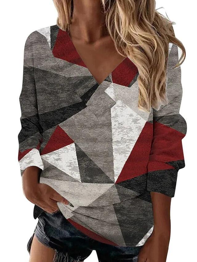 Boho Western V-Neck Long Sleeved Top – Stylish Cowgirl Fashion with Geometric Patterns