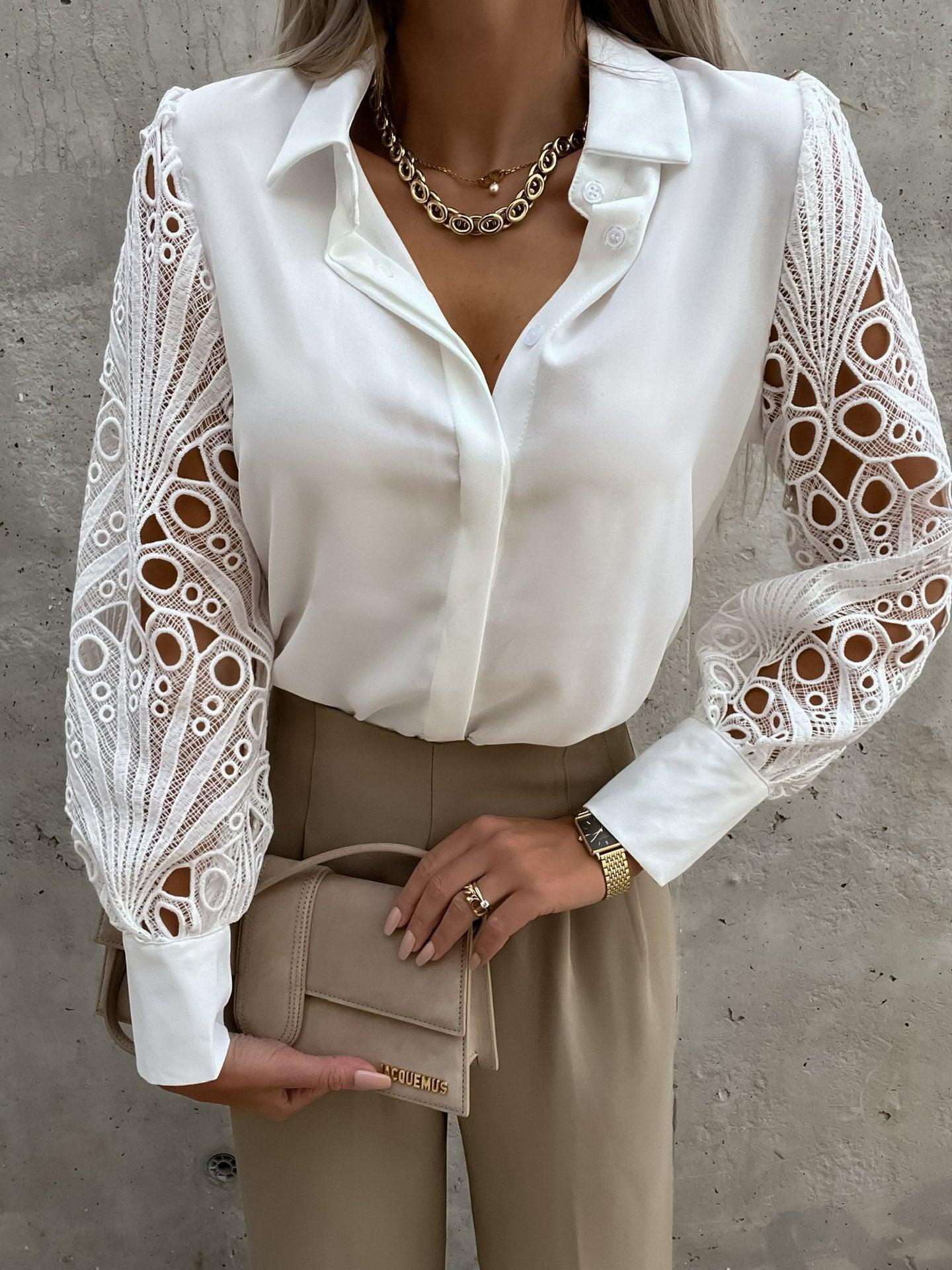Luxe Lace Button-Up Top - Elegant Cotton Blouse with Lace Details