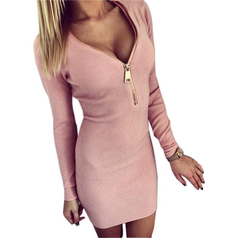 V-Neck Zip-Up Knitted Mini Dress - Sexy & Stylish Cotton Dress for Every Occasion