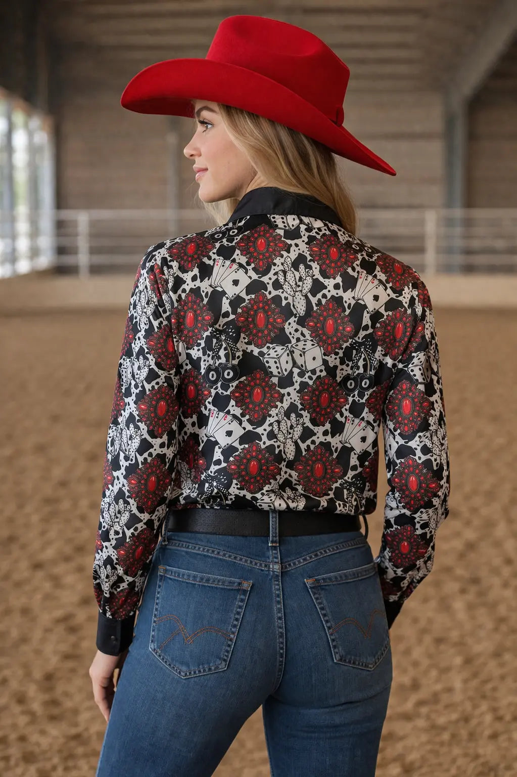 Neon Spur Red Ace Cowgirl Satin Button-Up Rodeo Shirt