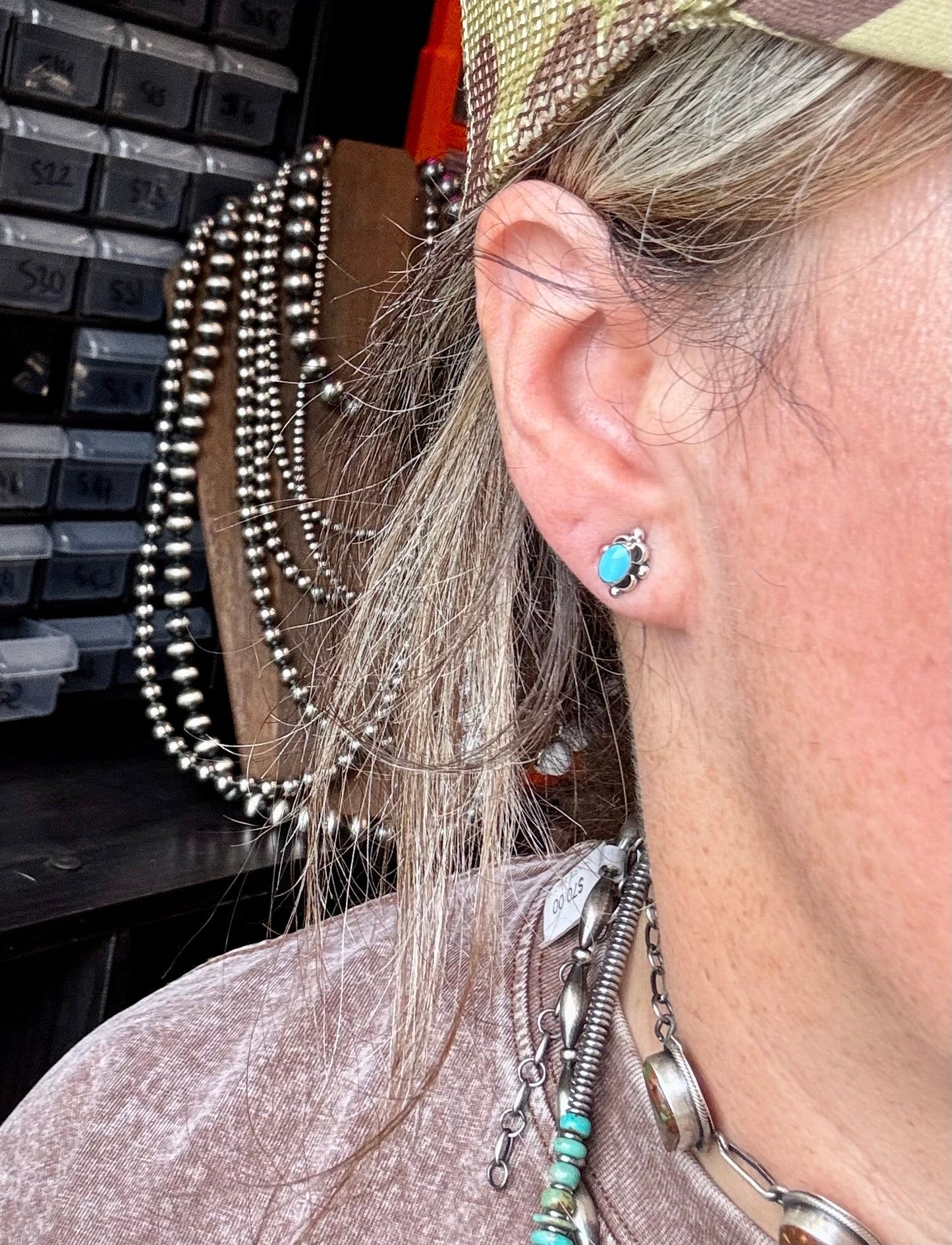 Zuni Mini Stud Earrings – Kingman Turquoise & Sterling Silver