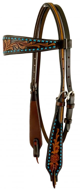 Showman ® Argentina cow leather two-tone browband headstall with floral tooling and turquoise rawhide braid.