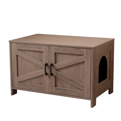 Hidden Litter Box Furniture With Barn Door, Wooden Cat Washroom Furniture, Cat House, End Table, Fit Most Of Litter Box