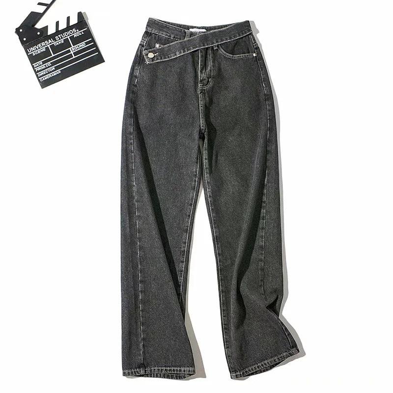 Retro Oblique Belted High Waist Straight Wide Leg Jeans for Cowgirls